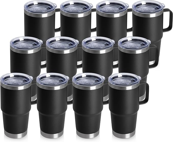 HASLE OUTFITTERS 20oz Tumbler Bulk with Lid, Stainless Steel Tumbler Bulk with Handle, Metal Insulated Travel Coffee Mug Set with Handle, Double Wall Vacuum Leak Proof Tumbler Cup, Black 12 Pack