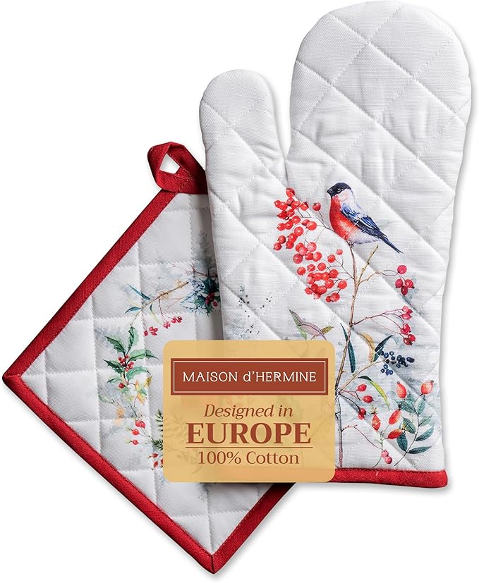 Maison d' Hermine 100% Cotton Oven Mitt & Pot Holder Set (7.5"x13" & 8"x8") Heat Resistant BBQ Cooking Gloves with Loop, Baking, Grilling, Kitchen, Handling Hot Pans (Morzine)