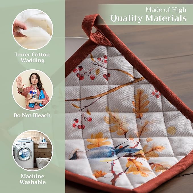 Maison d' Hermine Pot Holders Set 100% Cotton Heat Resistant Potholders 8" x 8" Hot Pads with Loop BBQ, Cooking, Baking, Grilling, Kitchen, Handling Hot Pans (Pack of 2, Oak Leaves)