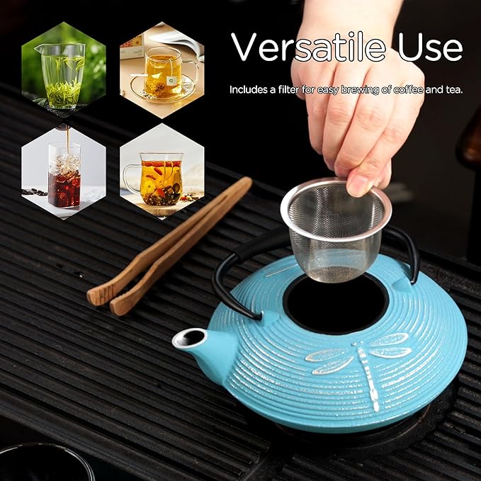 Cast Iron Teapot Set with 2 Tea Cups, 7 Pcs Japanese Tea Kettle with Stainless Steel Infuser, Tea Pot Coated with Enameled Interior, Dragonfly Pattern, 28oz 800ml Blue