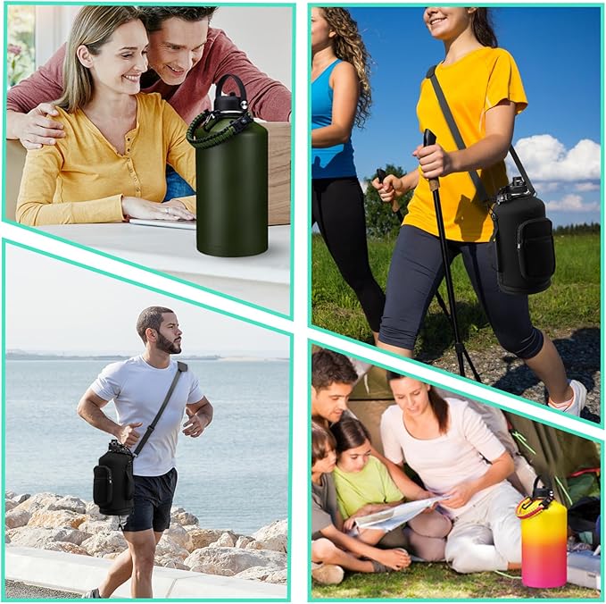 128 OZ Insulated Water-Bottles with Strap - 1 Gallon Water Jug with Straw & Spout Lid, Stainless Steel Large Water Bottle Leak Proof, Cold-48h Hot-24h Metal Water Flask w/Paracord Handle, Carrier Bag