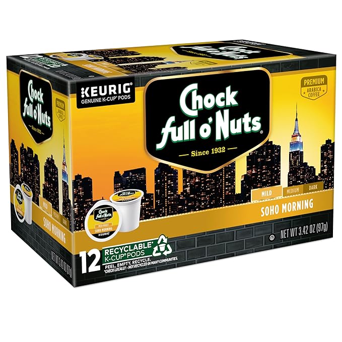 Chock Full o'Nuts Soho Morning Coffee, Mild Roast, Compatible with K-Cup Pods, 12 CT (Pack of 6)