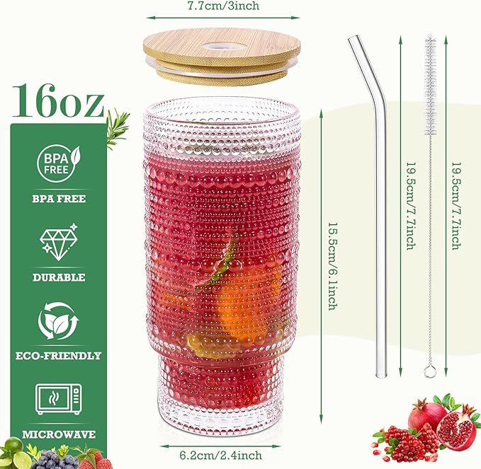 16 Oz Glass Cups with Lids and Straws, Vintage Embossed Glassware for Whiskey Cocktail Beer, Iced Coffee Cup with Lid, Glass Tumbler (2 PACK)