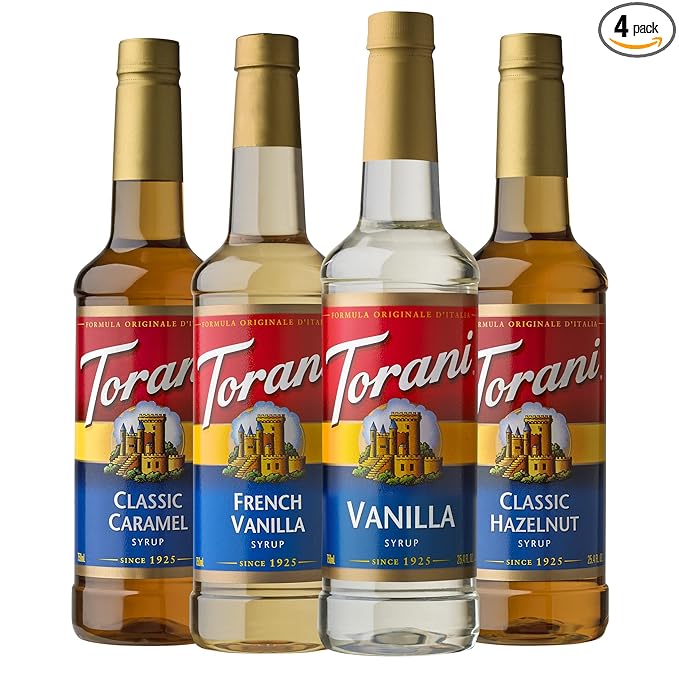 Torani Variety Pack Caramel, French Vanilla, Vanilla & Hazelnut, 25.4 Ounces (Pack of 4)
