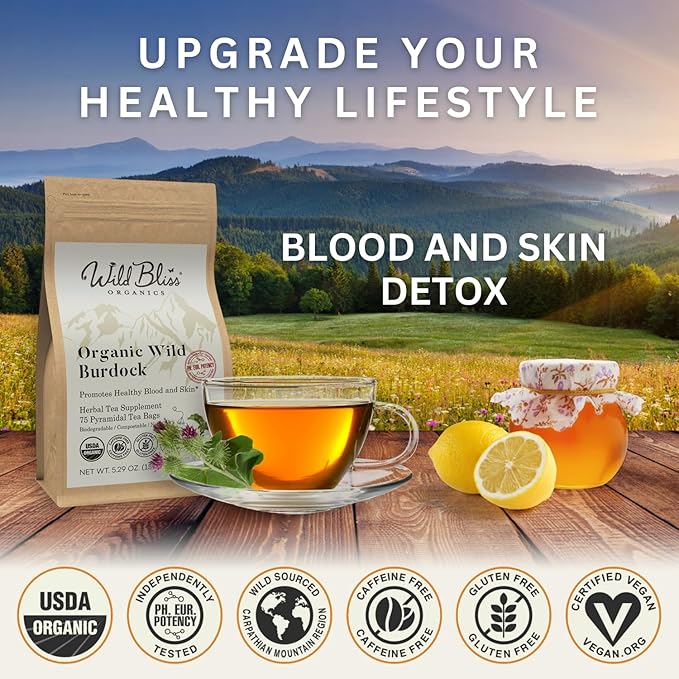 Wild Bliss Organic Burdock Root Tea - Caffeine Free Herbal Detox Support - Pharmacopoeia Quality - 75 Plant Based Tea Bags