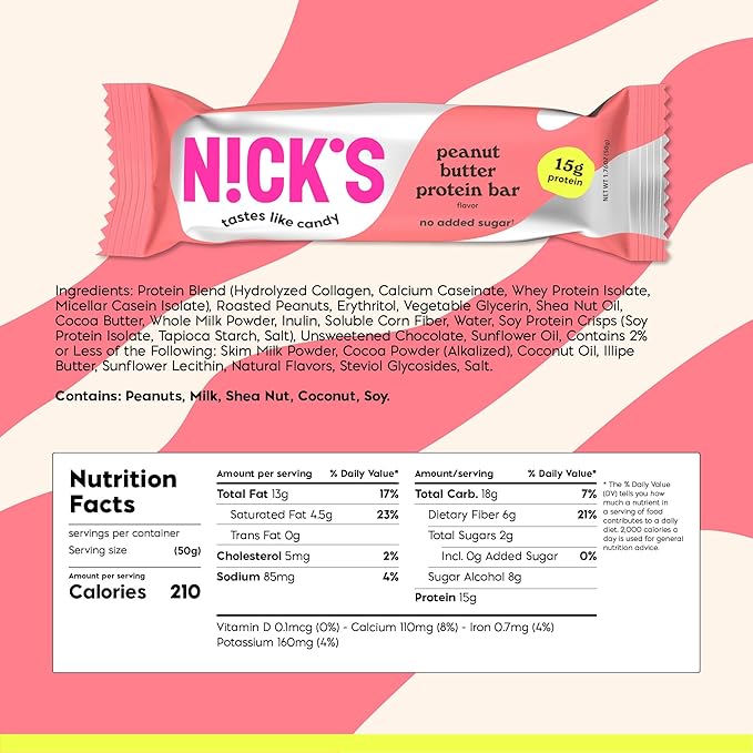 Nick’s Peanut Butter Protein Bars – 12-Count Box | High Protein, Low Calories, Low Carbs, Keto Friendly, No Added Sugar