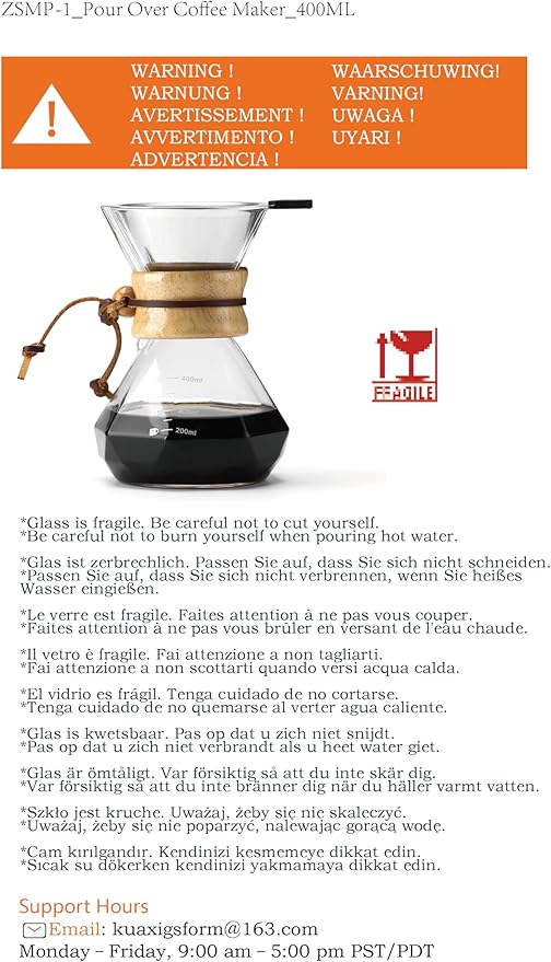 Pour Over Coffee Maker with Stainless Steel Filter, Borosilicate Glass Coffee Carafe, Modern Wooden Collar, Coffee Maker Carafe, Hold 2 Cups, 400 ml/13.5 oz, Clear