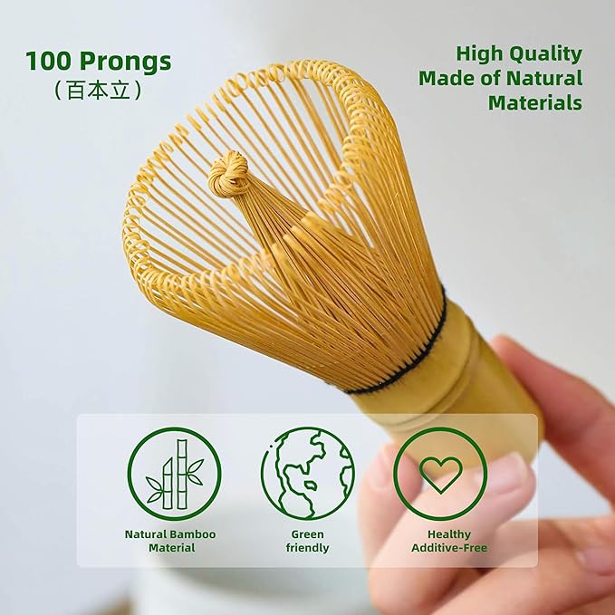 TEANAGOO Matcha Whisk Set, Bamboo Matcha Whisk (Chasen), 4 Pcs Traditional Starter Matcha Set, Scoop (Chashaku) Tea Spoon Whisk Holder, Matcha Accessory, Bamboo Whisk For Matcha Tea (100prongs)