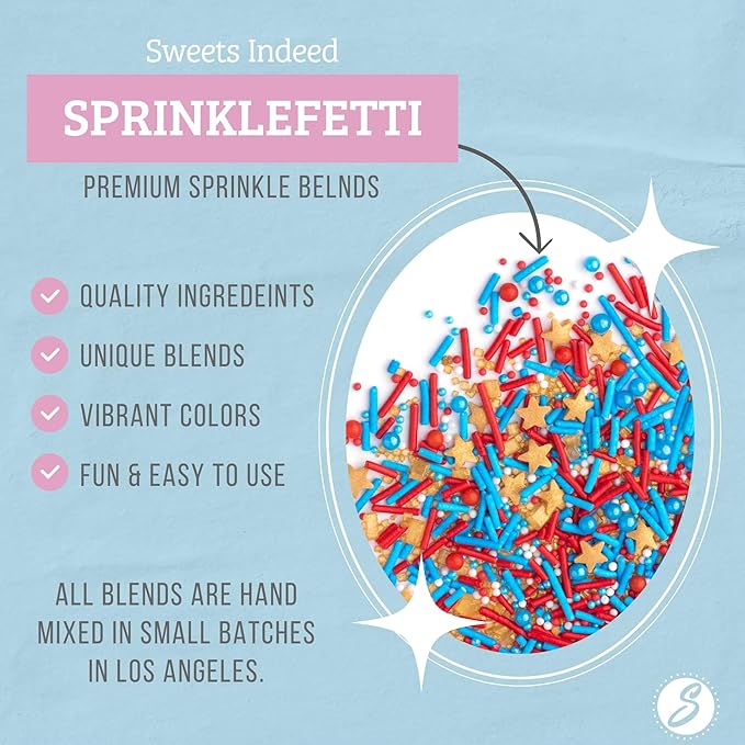 Sweets Indeed Sprinkles, Patriotic Edible Sprinkle Mix, Red Blue Gold, 4th of July, Perfect for Cake Decorations, Baking, Ice Cream, Cookies, Cupcake Topper For Birthday, Dairy Free, 4 ounces (Marvelous)