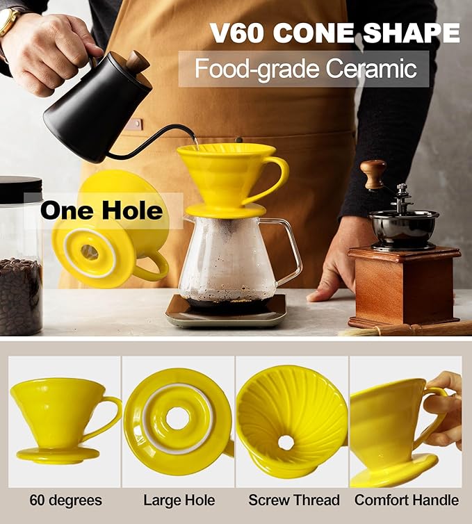 Pour Over Coffee Dripper - Ceramic Pour Over Coffee Maker Cone, Porcelain Coffee Drip, Pour Over Single Cup, Manual Brew Maker for Home, Cafe, Office - 1-4Cup, V60 Size 02 (Yellow)