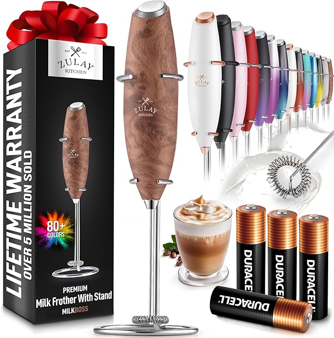 Zulay Kitchen Powerful Milk Frother Wand With 4 AA Duracell Batteries - Ultra Fast Handheld Drink Mixer - Electric Whisk Foam Maker for Coffee, Lattes, Cappuccino, Matcha & Creamer -