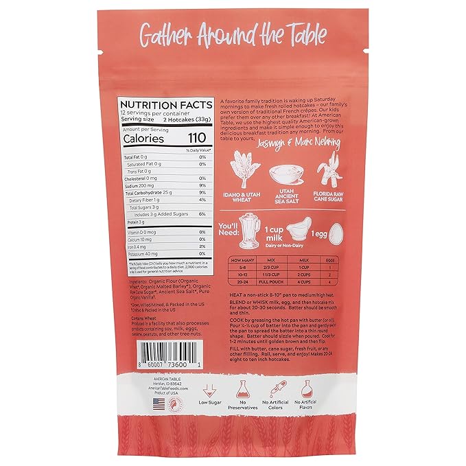 Classic Rolled Hotcakes Crepe Mix by American Table, Made with American-Grown Organic Wheat Flour & Pure Vanilla, French-Style, Non-GMO, Low Sugar, No Preservatives, Quick Prep, Makes 72 Crepes (14 oz, Pack of 3)