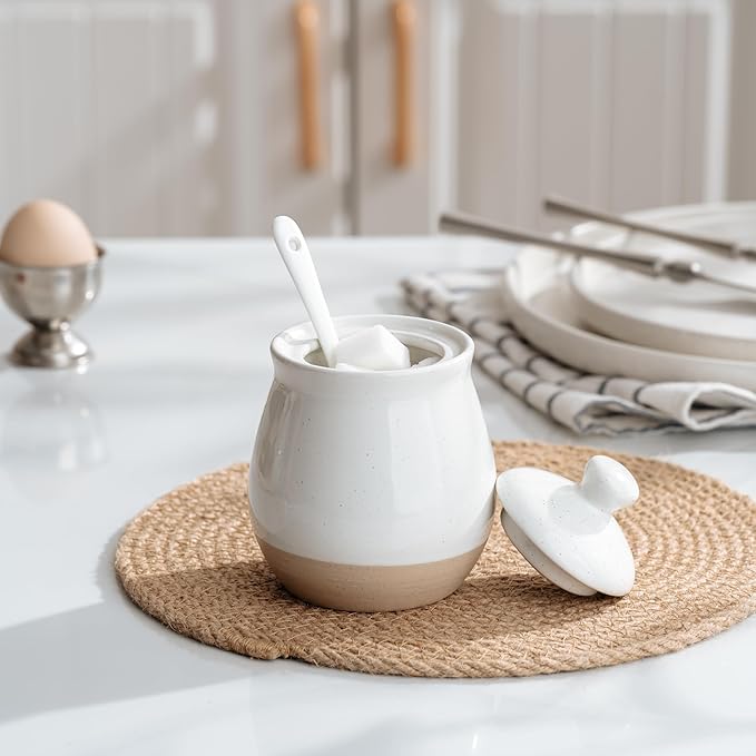 famiware Milkyway Sugar Bowl with Lid and Spoon, 10oz Ceramic Sugar Jar/Pot/Dispenser for Salt, Condiments, Spice, Seasonings, Sugar Container for Coffee Bar, Home, Kitchen, and Countertop, White