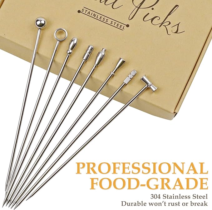 DEMIGO Cocktail Picks, 8 New Styles Stainless Steel Reusable Olive Stuffers Martini Picks set Fruit Toothpicks Garnish Skewers Appetizer Drink Stick for Bar party, Barbeque Snacks, Club sandwiches
