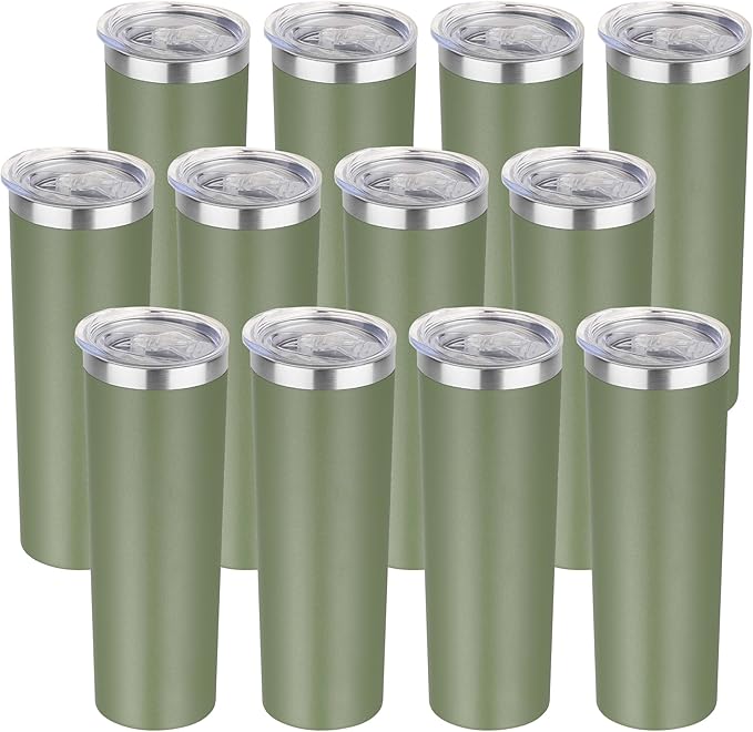 HASLE OUTFITTERS 20oz Skinny Tumbler with Lid, Stainless Steel Insulated Slim Tumblers Bulk Set, Double Wall Travel Coffee Mugs, Reusable Durable Powder Coated Travel Water Cups(Army Green, 12 Pack)