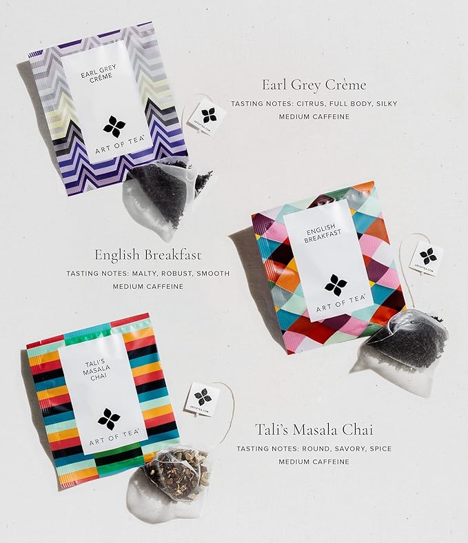 Art of Tea | Assorted Tea Sampler | 12 Count Sampler Box | Breakfast Tea, Earl Grey Creme, Egyptian Chamomile (Non-Caffeinated), French Lemon Ginger (Non-Caffeinated), Green Pomegranate, Mint Green, Tali's Masala Chai, Happy Tea, and White Coconut Creme