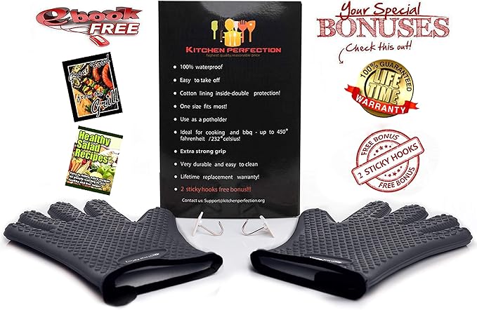 KITCHEN PERFECTION S Silicone Smoker Oven Gloves -Extreme Heat Resistant BBQ Gloves -Handle Hot Food Right on Your Grill Fryer Pit|Waterproof Oven Mitts |Superior Value Set+3 Bonuses