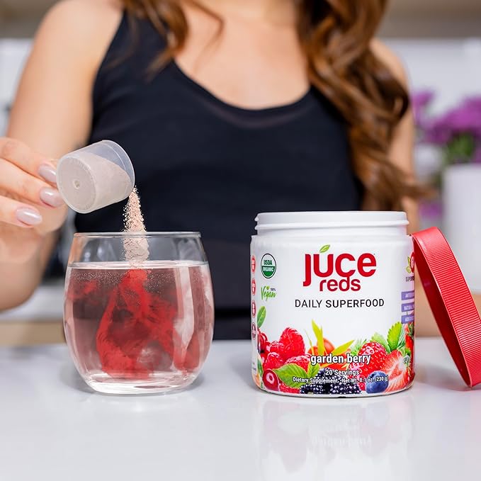 Terra Kai Organics JUCE Reds Organic Superfood Powder - Garden Berry Flavor | Fruit & Veggie Powder for Everyone w/64 Immune Boosting Superfood Plus Probiotics for Gut Health | 20 Servings (230g)