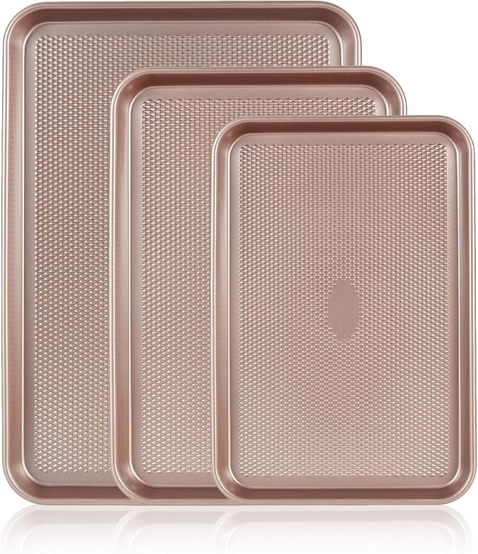 SS&CC Nonstick Baking Sheet Pan Set of 3, 0.8mm Carbon Steel Cookie Sheets for Oven - Half/Quarter/Jelly Roll Pans with Diamond Texture, PFOA-Free & Oven Safe (17.5x12, 15.5x10.2, 13.5x9.5 Inch)