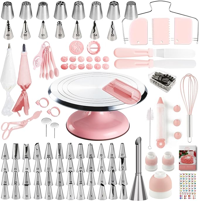 Cake Decorating Kit, 138pcs Cake Decorating Supply with Aluminium Cake Turntable, 64 Numbered Icing Piping Tips, 2 Spatulas, 3 Icing Comb Scraper and Leveller, 32 Piping Bags,cake decorating tool