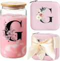 AYGXU Travel essential jewelry box,16oz Glass Cups with Bamboo Lids and Straws set,Personalized Jewelry Boxes for Women Girls,Travel Gifts for Women,Birthday Gifts for Girls,Initial G pink