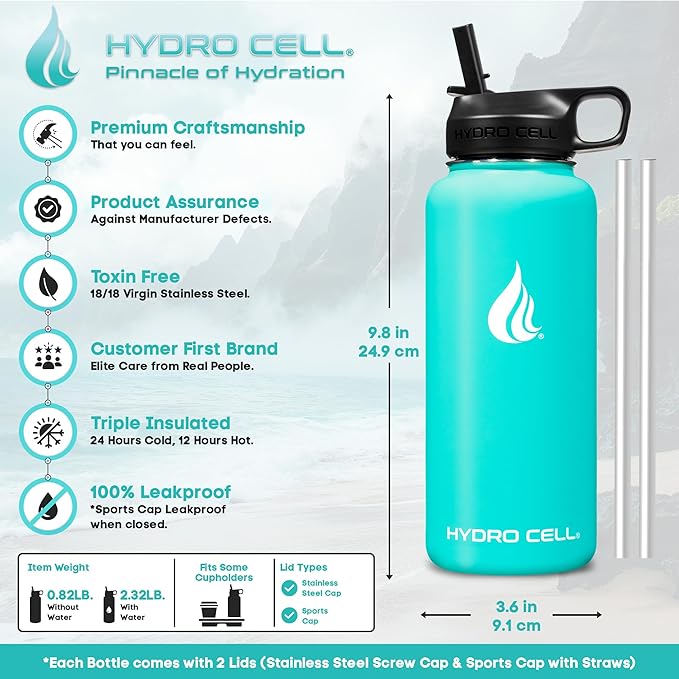 HYDRO CELL Stainless Steel Insulated Water Bottle with Straw - For Cold & Hot Drinks - Metal Vacuum Flask with Screw Cap and Modern Leakproof Sport Thermos for Adults (Teal 32oz)