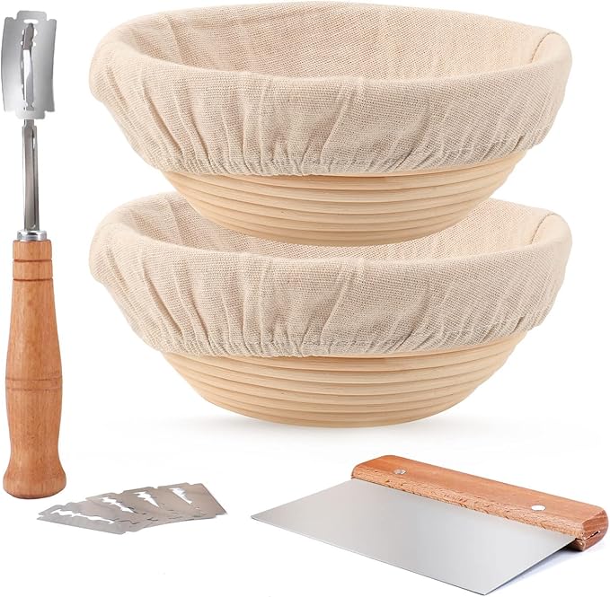 Proofing Baskets for Sourdough Bread Making, Dough Proofing Bowls Kit with Cloth Liner + Scoring Lame + Scraper for Professional & Home Sourdough Bakers (Round,8.5 inch,Set of 2)