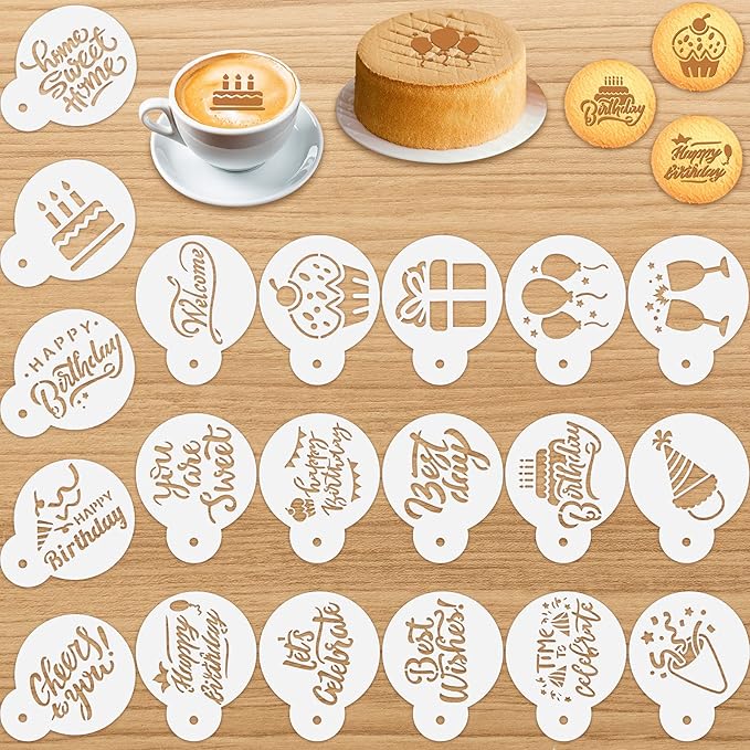20 Pieces Birthday Cookie Stencil Templates Decoration Cookie Stencil for Birthday Coffee Cake Templates Reusable Painting Mold Tools, Dessert, Coffee Decorating Mold(Cake Style)