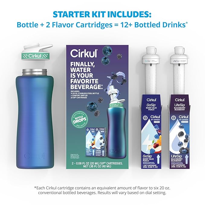 Cirkul 32oz. Chameleon Stainless Steel Water Bottle Starter Kit with Green Lid, 2 Flavor Cartridges (1 LifeSip Blackberry Blueberry, 1 GoSip Berry Blue Punch) No Sugar, Zero Calorie Drink Mix