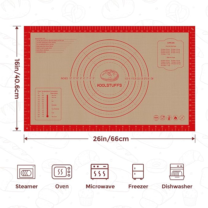 Silicone Pastry Mat - 26"x16" Non Slip Baking Mat with Measurements, Extra Large Dough Mats for Counter, Ideal for Rolling Dough, Fondant, Pizza, Pie, Cookies