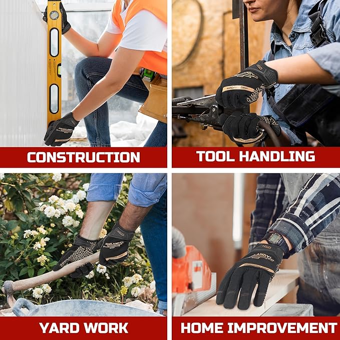 HANDLANDY Mens Work Gloves Touch screen, Utility Mechanic Gloves, Flexible Breathable Fit- Padded Knuckles & Palm