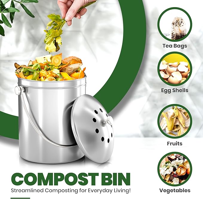 Utopia Kitchen Compost Bin for Kitchen Countertop, 1 Gallon Compost Bucket for Kitchen with Lid, Includes 1 Spare Charcoal Filter (Silver)