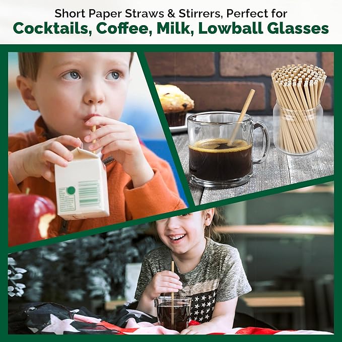 [500 Counts] Chunspak 5.75 inch Disposable Brown Kraft Short Paper Cocktail Straws & Stirring Straws - for Home, Bars and Restaurants