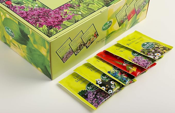 ACORUS Premium Tea Set - Natural Herbal Tea Variety Pack, Gift Set of 6 Different Teas, 60 Bags Individually Wrapped, Herbal Sampler Box
