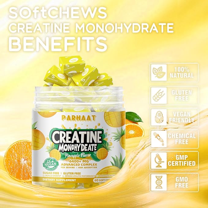 Creatine Monohydrate Chews Complex 6400mg for Men & Women -Advanced Formula W/L-Taurine + Vitamin B12, Sugar Free Chewable Supplement,60 Pineapple Softchews