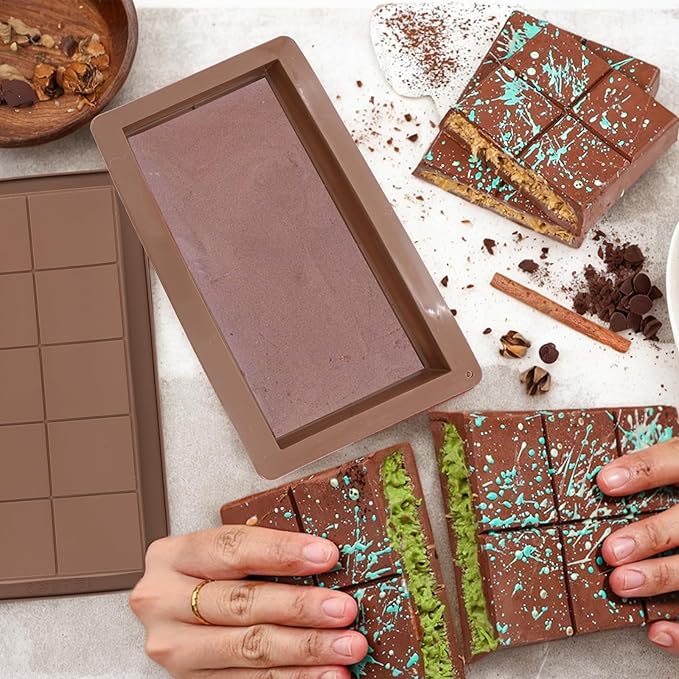 6-Piece Set Dubai Chocolate Bar Mold, Non-Stick Chocolate Molds Silicone, 100% Food Grade Silicone Candy Bar Mold, Changeable Shapes, Easy to Demould, for Pistachio Wax Melting Rectangle, with Brush*1