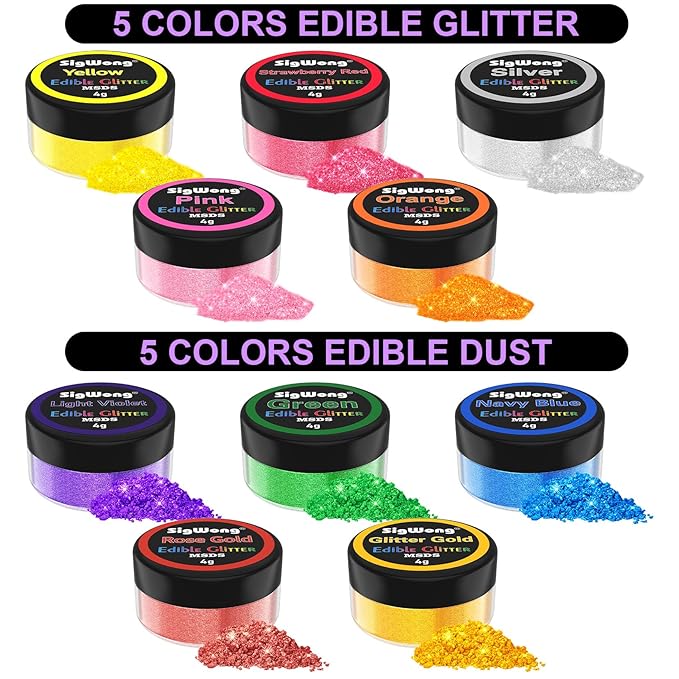 Edible Glitter - 10 Colors Luster Dust Edible Set for Drinks, Food Grade Edible Glitter Dust for Cake Decorating, Cocktail, Fondant, Strawberries, Candy, Cookie, Chocolate. Vegan and Gluten Free - 4g/bottle
