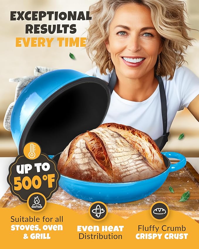 Dutch Oven Bread Baking - 5QT Enamel Bread-Dome - incl Sourdough Bread-Baking Suppliers like Dough Whisk Scoring Lame etc Bread-Oven Cast Iron for Sour dough Bread-Pan with Lid, Bread-making