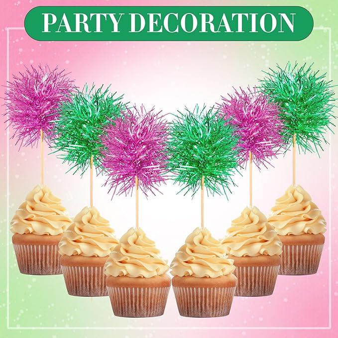 Chinco 100 Pcs Foil Firework Cupcake Toppers Sparkle Tinsel Cake Toppers Cake Decoration Cocktail Fruit Toothpick for Birthday Wedding Graduation Party(Pink, Gold)