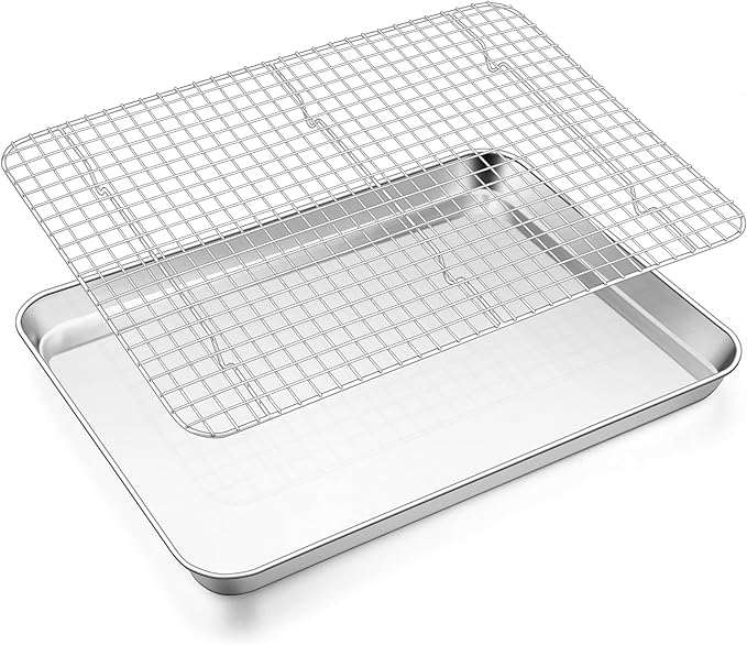 E-far Baking Sheet with Wire Rack Set, 17.6” x 13” Stainless Steel Cookie Sheet Baking Pan for Oven, Rimmed Large Metal Tray with Cooling Rack for Cooking Roasting, Non-Toxic & Dishwasher Safe