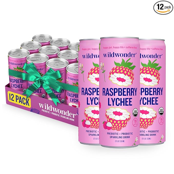 NEW! wildwonder Sparkling Probiotic Drink 12pk, For Gut Health & Immune Support, Raspberry Lychee, 5g Prebiotic Fiber, Live Probiotics, Organic, Vegan, Low Sugar, 12 Pack, 12oz Can, Seen on Shark Tank