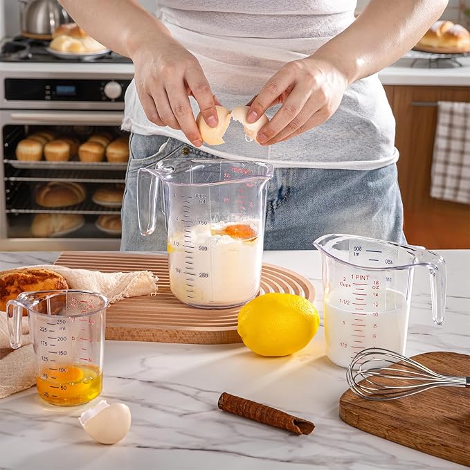 DaYammi Measuring Cups 2-Piece, Unbreakable Food-Grade Plastic Measuring Cup for Dishwasher, 4-Cup Nesting Liquid Measuring Cups for Prepping, Baking, Cooking, Readable Markings, Clear
