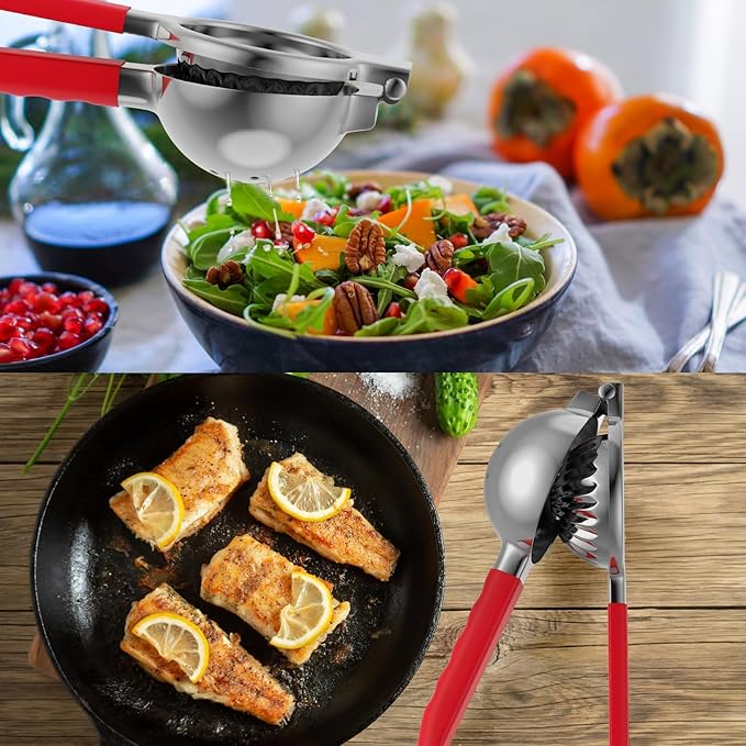 Lemon Squeezer Stainless Steel - Premium Quality, Heavy Duty Solid Metal Squeezer Bowl - Large Manual Citrus Press Juicer and Lime Squeezer (Red)