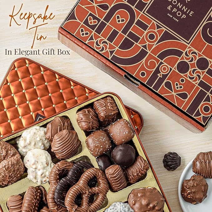 Christmas Chocolate Gift Basket– Holiday Candy Gift Box with Assorted Milk, Dark & White Chocolates – Holiday Food Gift Idea for Men, Women, Family, Corporate- Bonnie & Pop