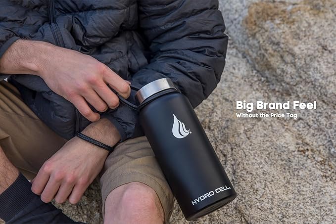 HYDRO CELL Stainless Steel Insulated Water Bottle with Straw - For Cold & Hot Drinks - Metal Vacuum Flask with Screw Cap and Modern Leakproof Sport Thermos for Adults (Black 32oz)