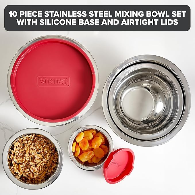Viking Mixing Bowls Set, 10 Piece Stainless Steel Kitchen Cookware, Non-Slip Silicone Base, Includes Tight Fit Lids, Dishwasher Safe, Red