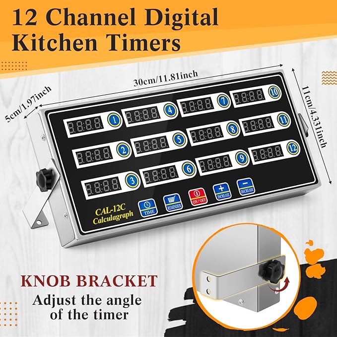 1 Pack 12-Channel Digital Kitchen Timer, Commercial Cooking Timer with Loud Alarm, Large LCD Display, for Restaurants, Baking, Labs, Multiple Independent Countdown Timers