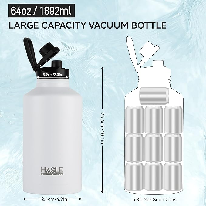 HASLE OUTFITTERS Half Gallon Insulated Water Bottles 64 oz, Stainless Steel Metal Water Jug with 2 Lids Keep Cold 48h/Hot 24h, Leak Proof & BPA-Free Water Flask Jug(White,1)