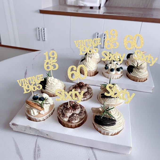 Gyufise 24Pcs 60th Birthday Cupcake Toppers Cheers to 60 Fabulous Sixty Cupcake Picks Vintage 1965 Decorations for 60th Birthday Wedding Anniversary Party Cake Decorations Supplies Gold