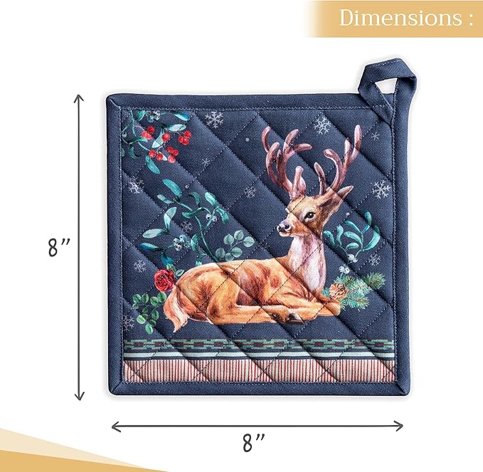 Maison d' Hermine Pot Holders Set 100% Cotton Heat Resistant Potholders 8" x 8" Hot Pads with Loop BBQ, Cooking, Baking, Grilling, Kitchen, Handling Hot Pans (Pack of 2, Christmas Joy)